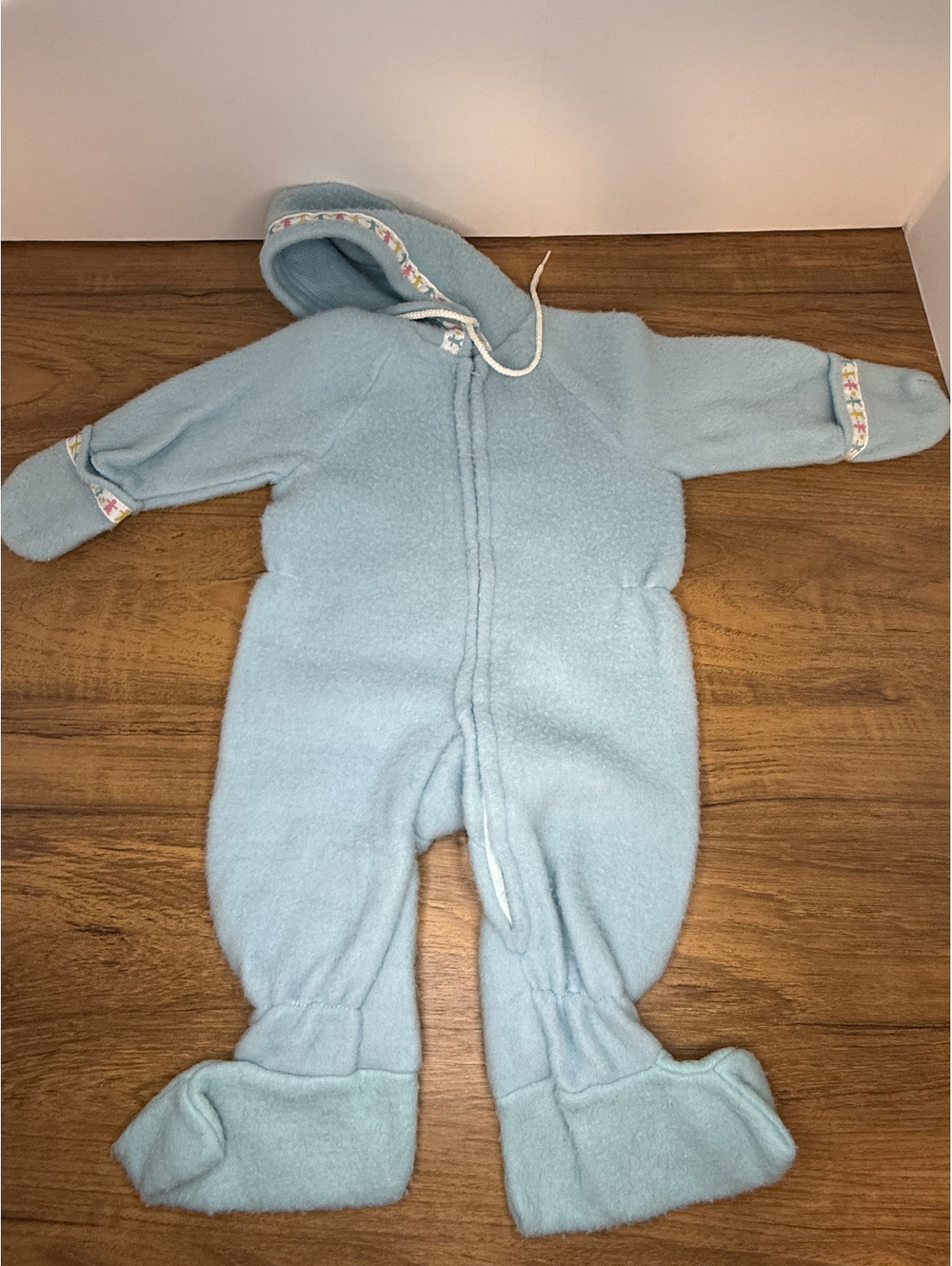 Vintage Baby Fleece One-Piece Blue Zip-Front Outfit with Fold-Over Mittens